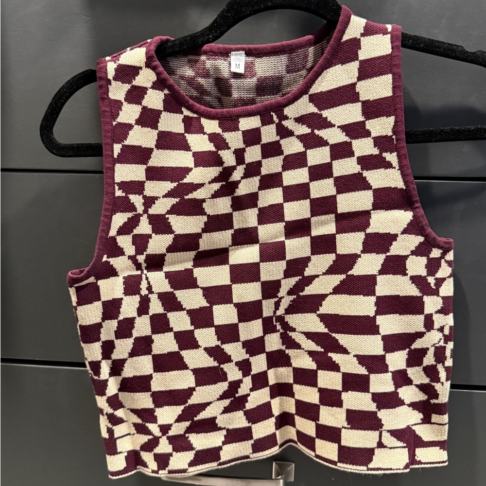 Checkered Burgundy and Cream Knit Cropped Tank Top